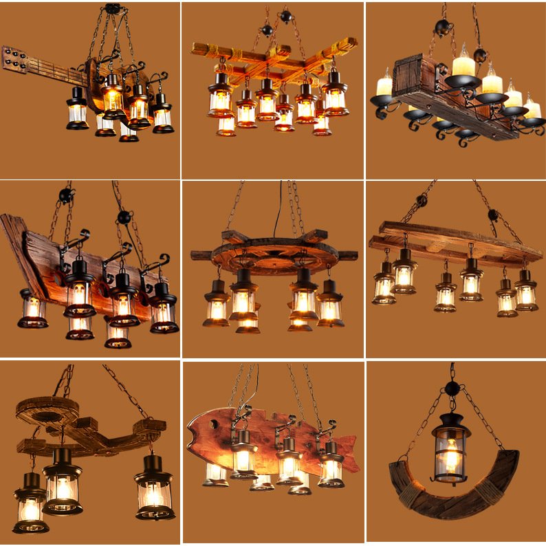 Creative American Industrial Hanging Light Loft bar Cafe Restaurant Vintage Wooden Ceiling Chandeliers Pendant Lights