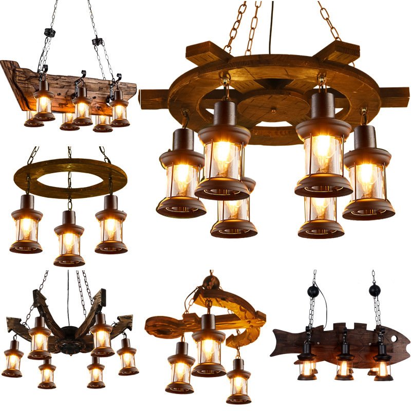 Creative American Industrial Hanging Light Loft bar Cafe Restaurant Vintage Wooden Ceiling Chandeliers Pendant Lights