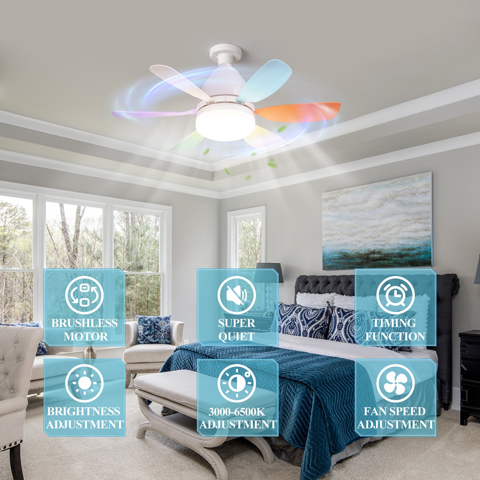 Led Fan Lights Smart Home Light Intelligent Dimming Timing 3 Speed Black E27 Fan 2 Packs Remote Control Modern LED Ceiling Fan