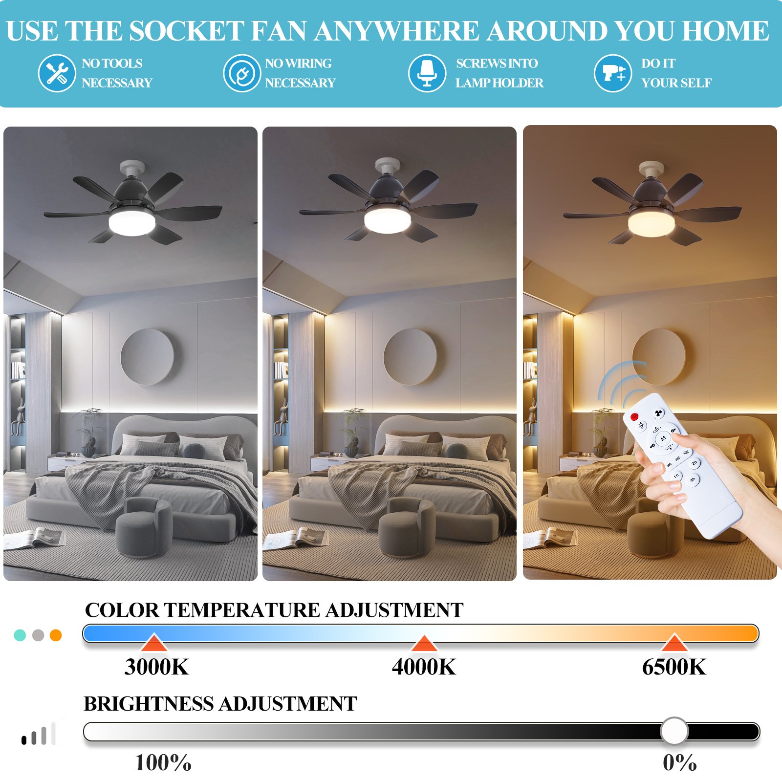 Led Fan Lights Smart Home Light Intelligent Dimming Timing 3 Speed Black E27 Fan 2 Packs Remote Control Modern LED Ceiling Fan