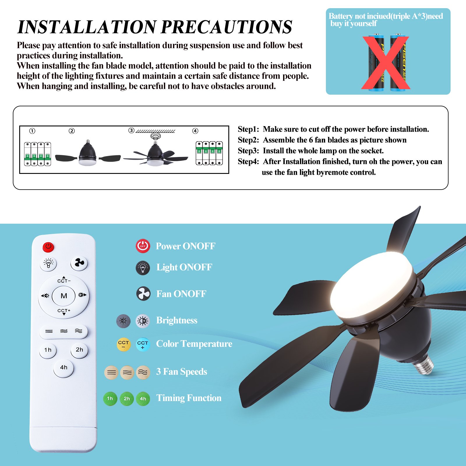 Led Fan Lights Smart Home Light Intelligent Dimming Timing 3 Speed Black E27 Fan 2 Packs Remote Control Modern LED Ceiling Fan