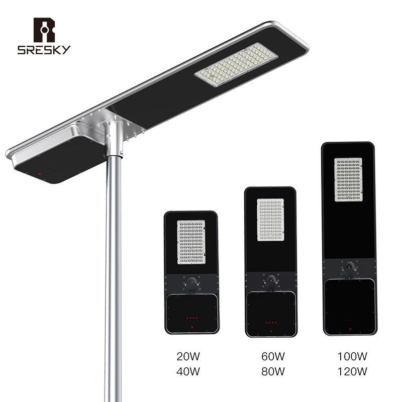 SRESKY Easy Install Ip65 All in One 60W 100W 120W Outdoor Street Lamp Led Solar Outdoor Light