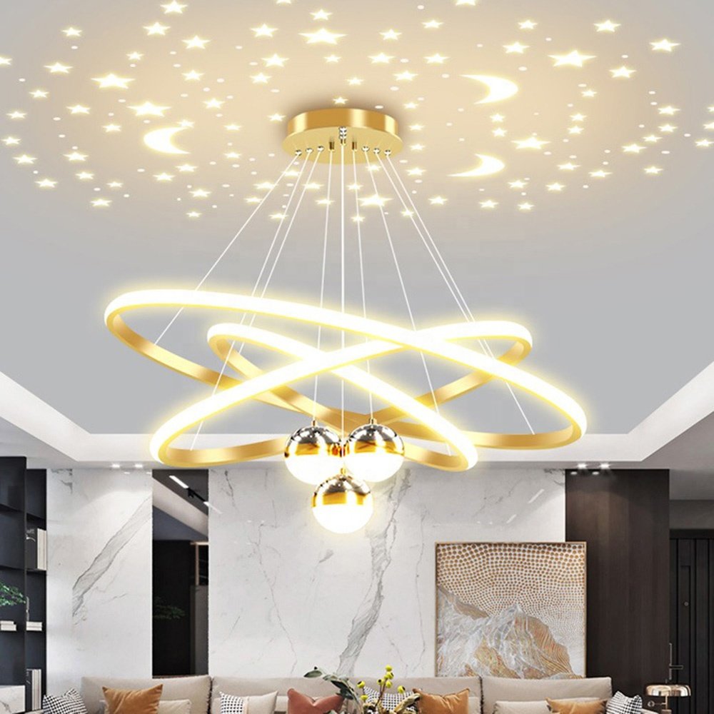 LED Simple Dining Room Bedroom Living Room Indoor Decoration Pendant Lights Modern Luxurious Star Projection Chandelier Light