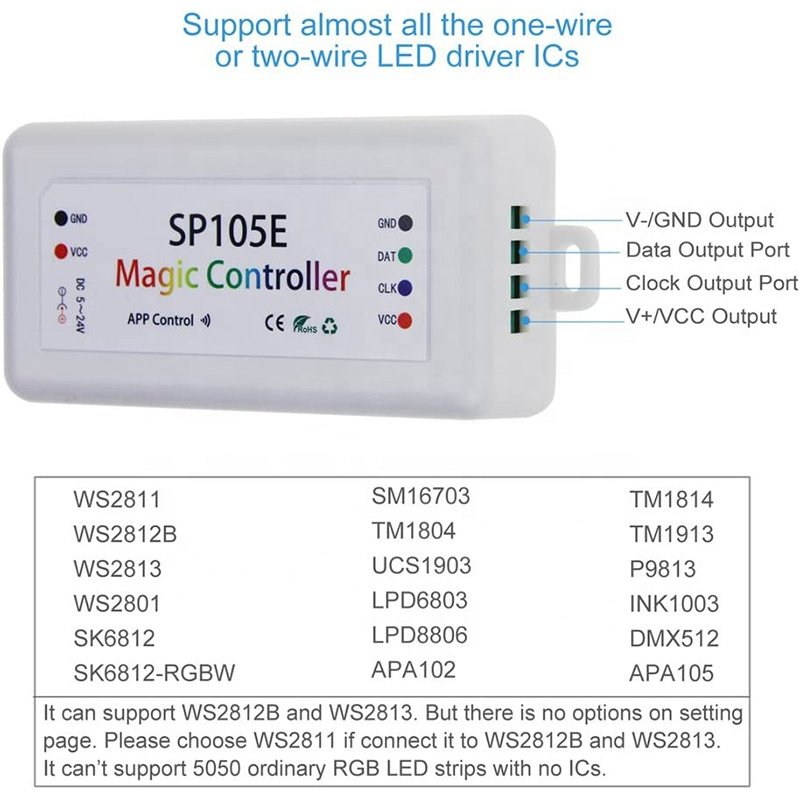 SP105E Blue Tooth Magic LED Light Controller for WS2811 WS2812B WS2801 SK6812 Addressable Programmable Pixel LED Strip