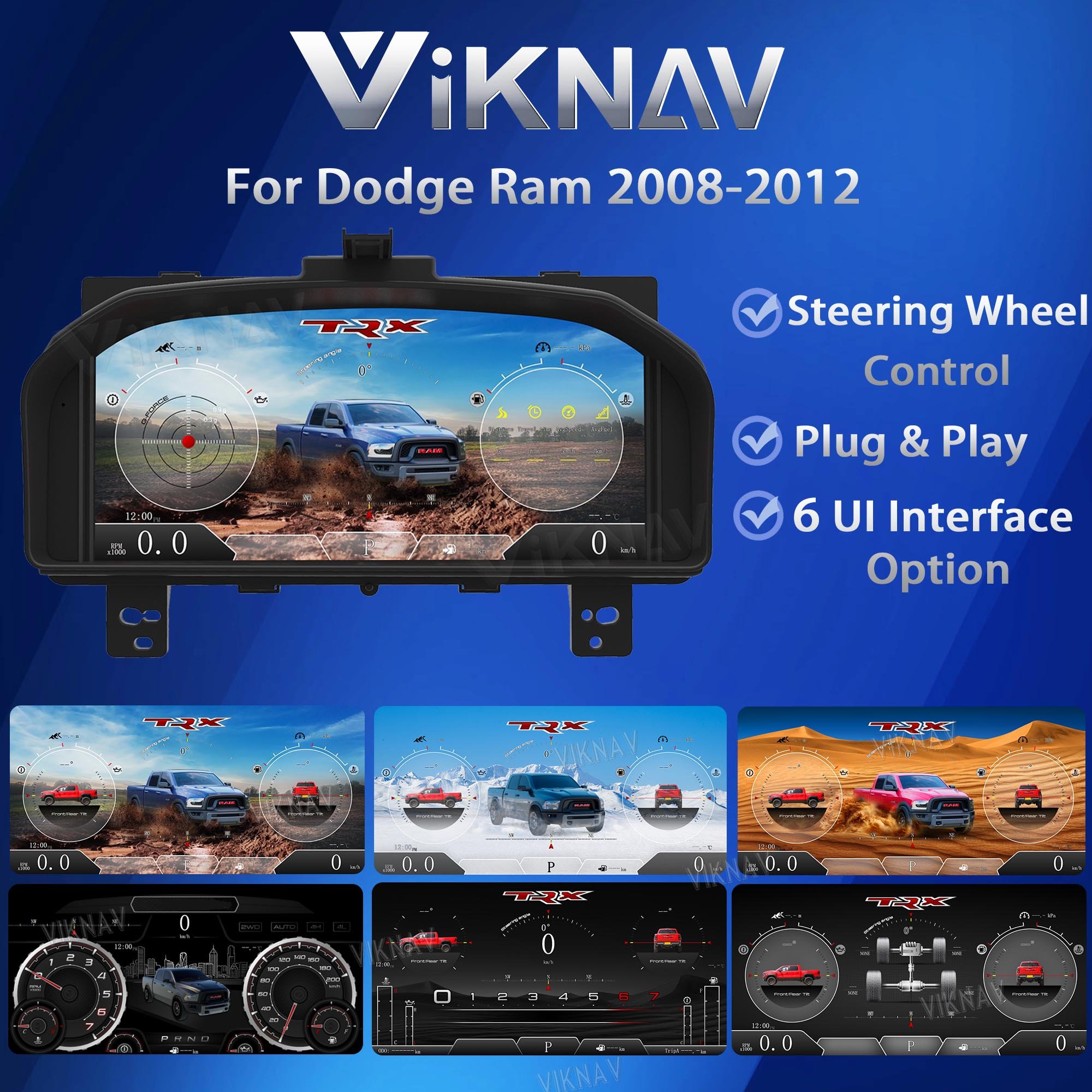 Viknav Car Radio Digital Cluster Speed Meter for Dodge Ram 2008-2012 Linux Instrument Dashboard Touch Screen Replacement Panel
