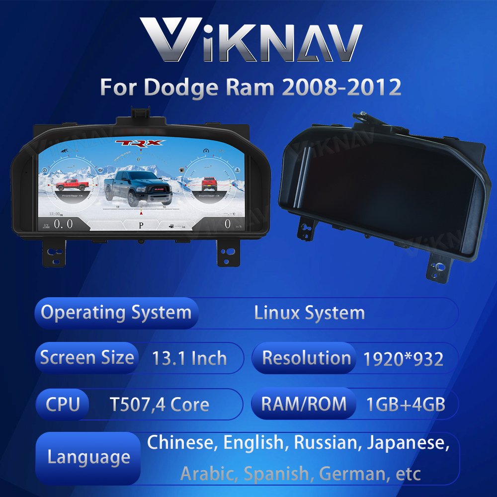 Viknav Car Radio Digital Cluster Speed Meter for Dodge Ram 2008-2012 Linux Instrument Dashboard Touch Screen Replacement Panel