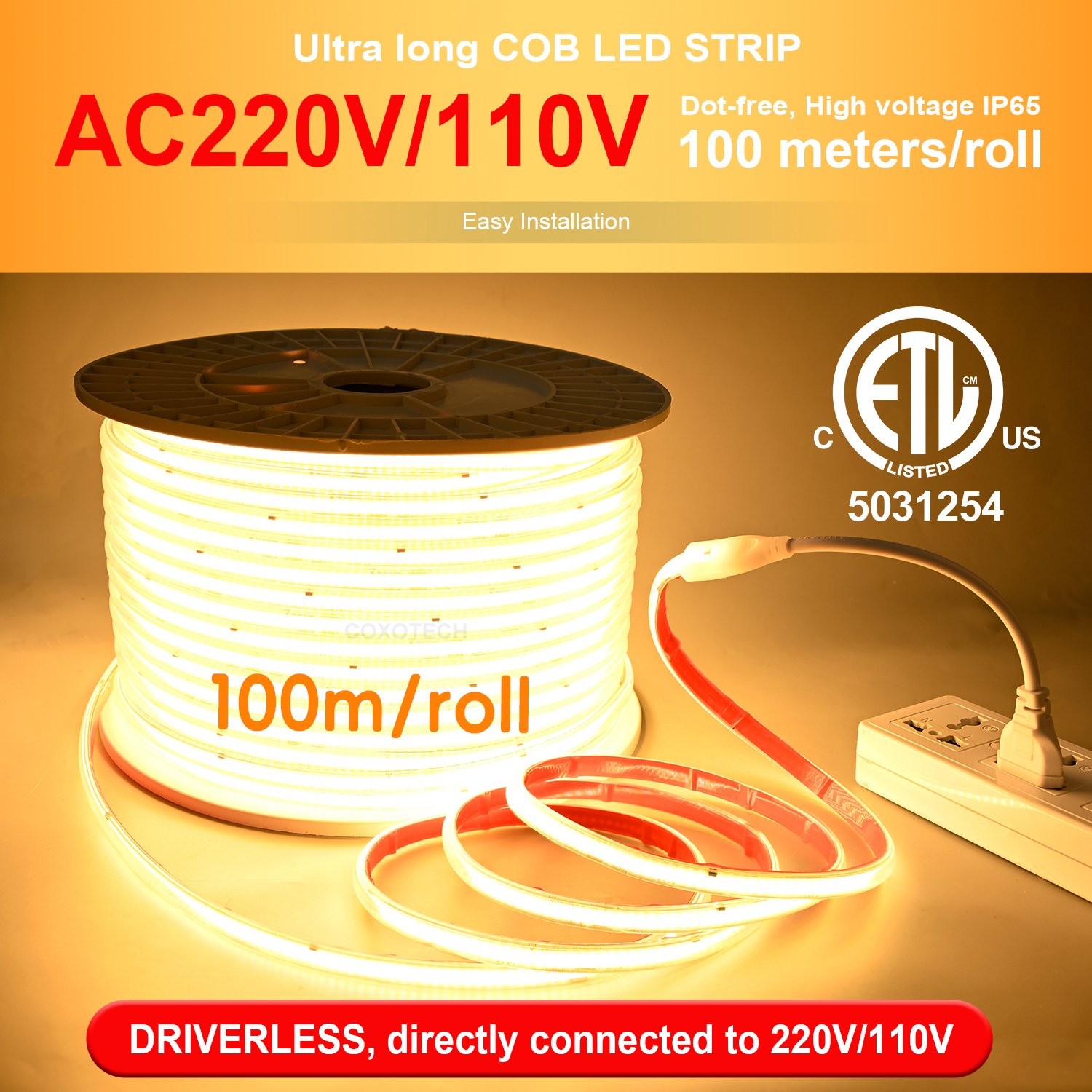 ETL 110v Driverless Smd High Voltage Cob Led Strip 220v 120v 30m 30 50 Feet ft Outdoor 100 Meter 230v 220v 100m Led Strip Light