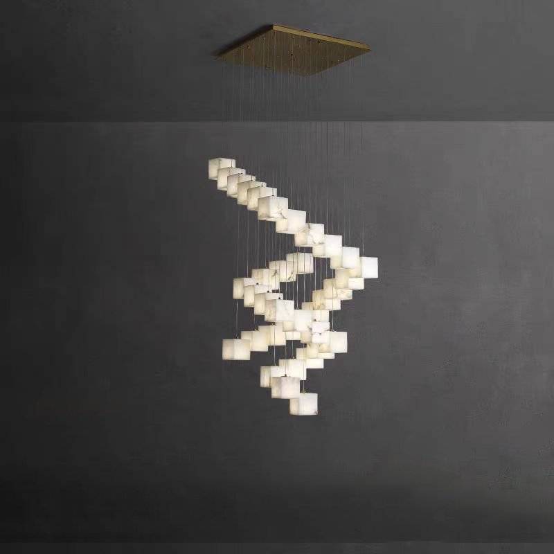 Marble Creative Design of Staircase Rotation Pendant Light Staircase Duplex Villa Light Luxury Spanish Alabaster Cube Chandelier