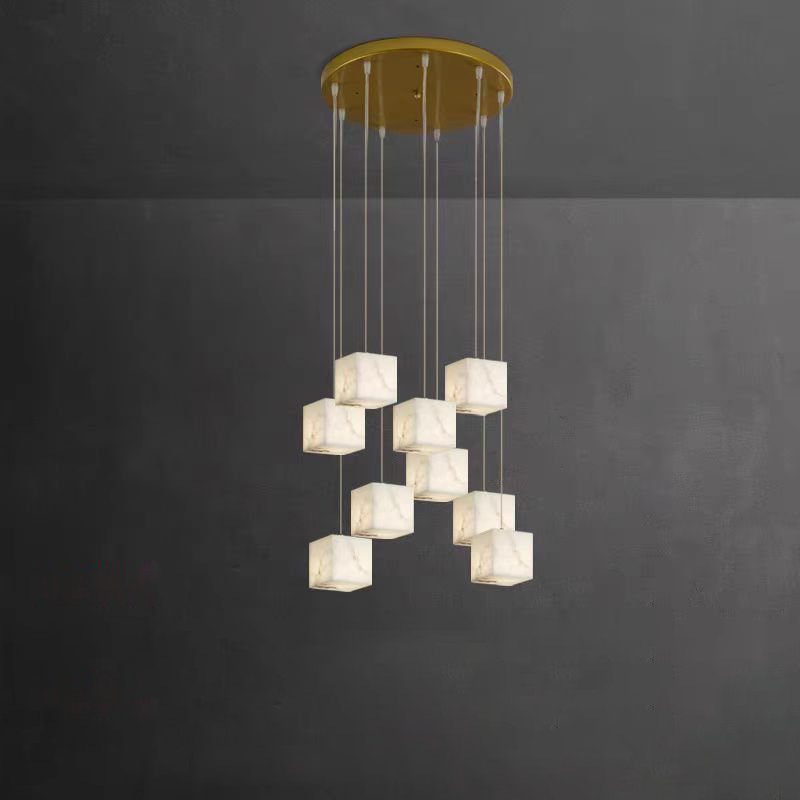 Marble Creative Design of Staircase Rotation Pendant Light Staircase Duplex Villa Light Luxury Spanish Alabaster Cube Chandelier