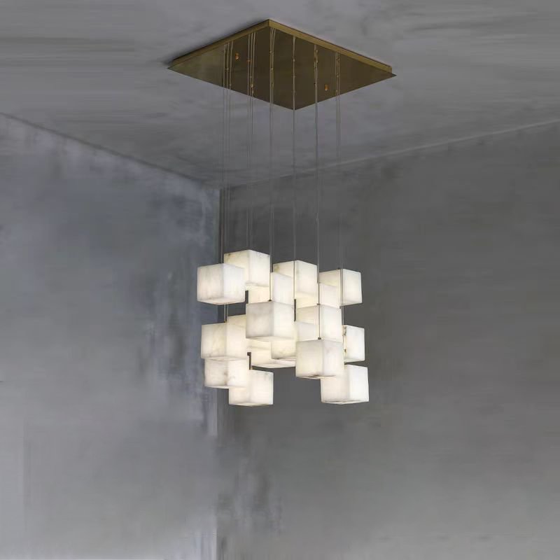 Marble Creative Design of Staircase Rotation Pendant Light Staircase Duplex Villa Light Luxury Spanish Alabaster Cube Chandelier