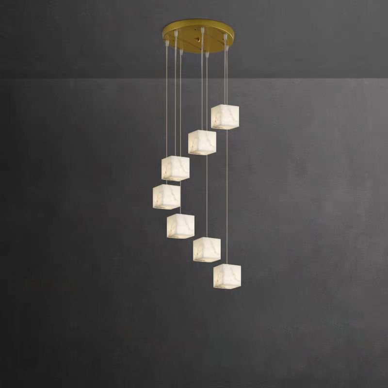 Marble Creative Design of Staircase Rotation Pendant Light Staircase Duplex Villa Light Luxury Spanish Alabaster Cube Chandelier
