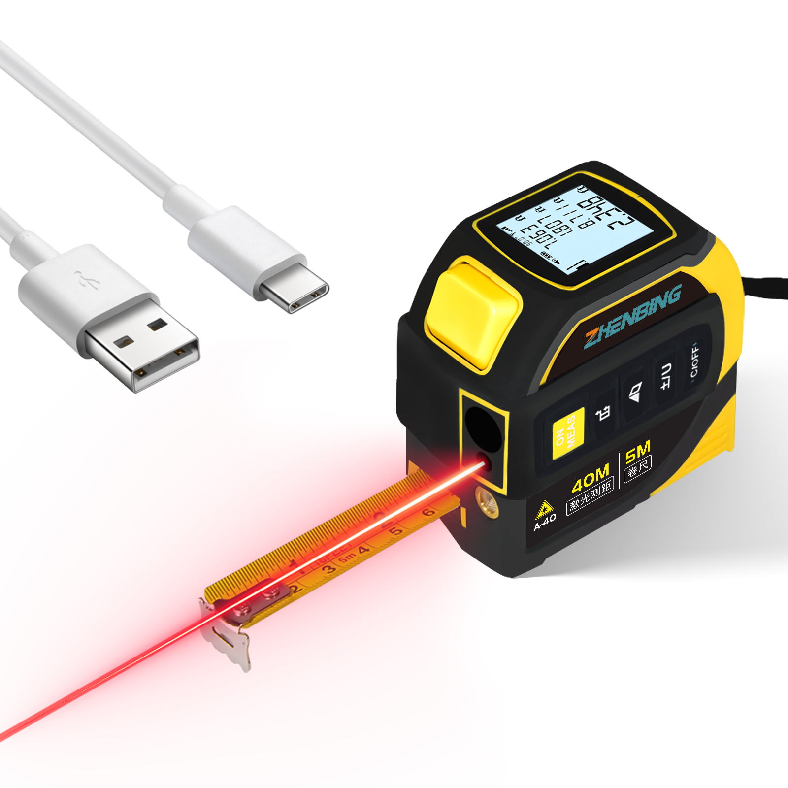 ZHENBING 40M Digital Intelligence Display Laser Distance Meter 5M Auto Lock Steel Tape Measure with Electric Angle