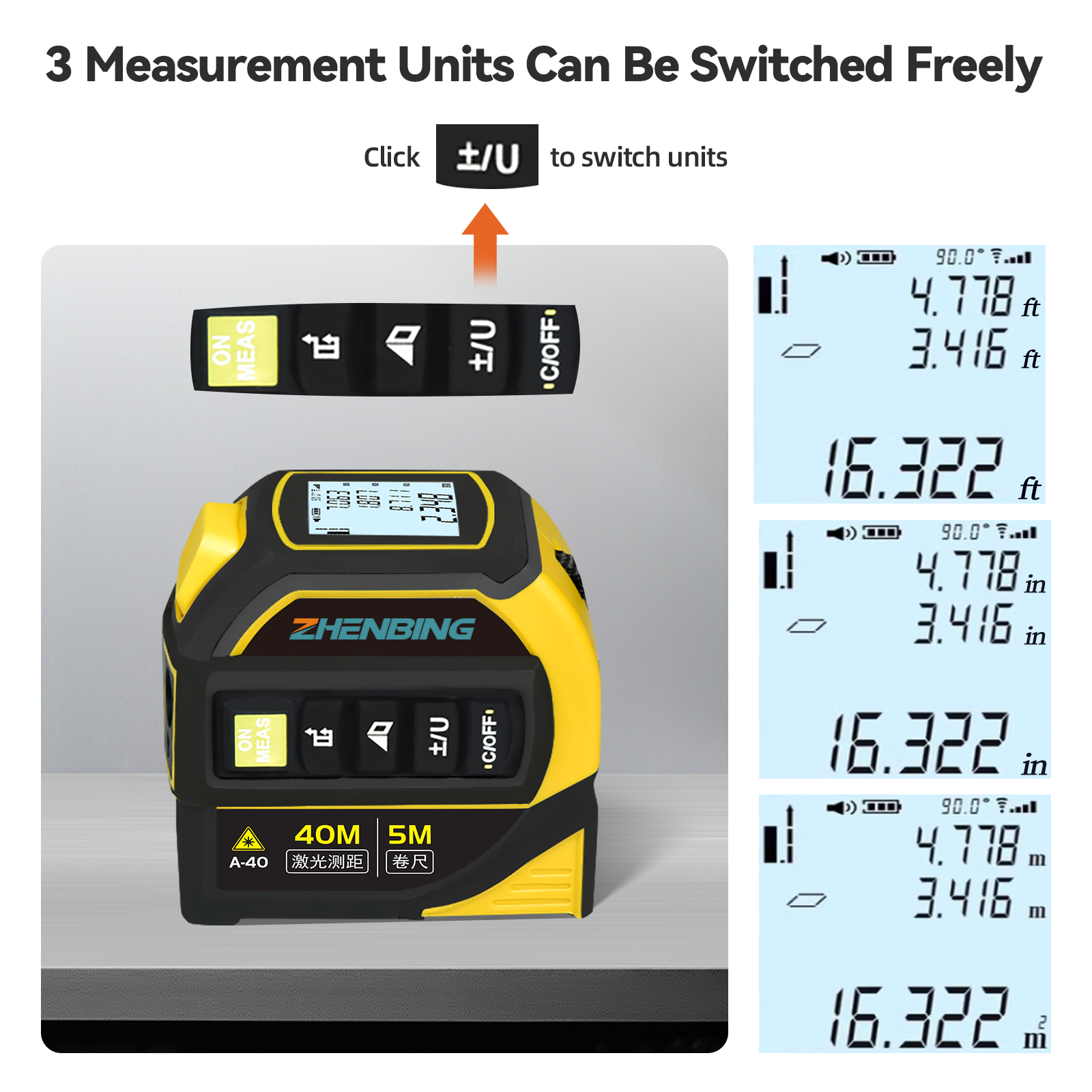 ZHENBING 40M Digital Intelligence Display Laser Distance Meter 5M Auto Lock Steel Tape Measure with Electric Angle