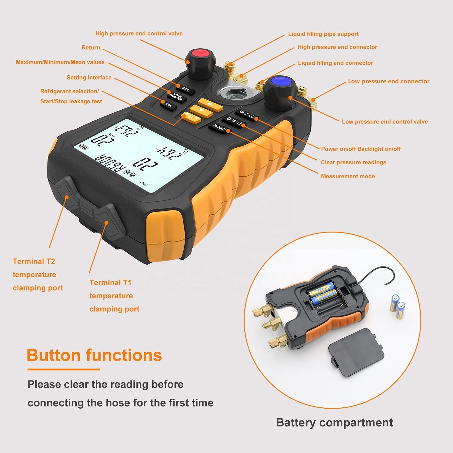 Hti Factory OEM/ODM Refrigeration Digital Manifold Gauge Meter Hvac Pressure Temperature Tester Manometros De Refrigeracione