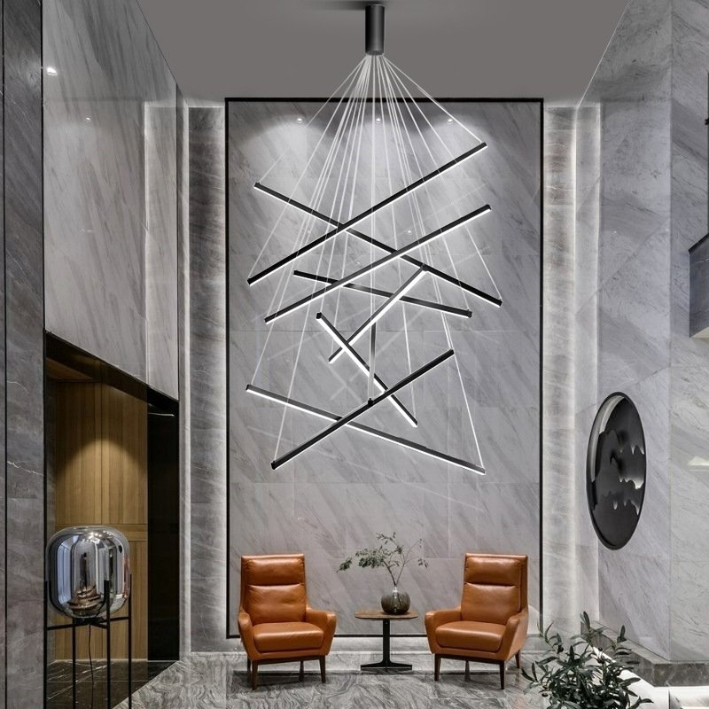 Nordic Modern Villa Long LED Line Stair Chandelier Minimalist Creative with Switch Remote Control Black Living Room Fixture