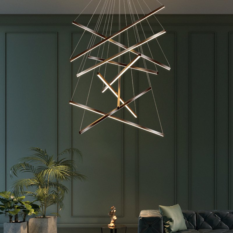 Nordic Modern Villa Long LED Line Stair Chandelier Minimalist Creative with Switch Remote Control Black Living Room Fixture