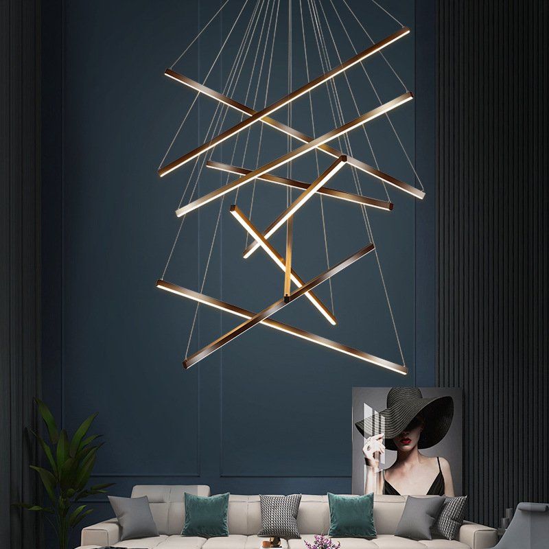 Nordic Modern Villa Long LED Line Stair Chandelier Minimalist Creative with Switch Remote Control Black Living Room Fixture