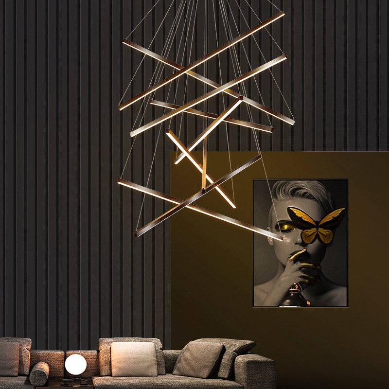 Nordic Modern Villa Long LED Line Stair Chandelier Minimalist Creative with Switch Remote Control Black Living Room Fixture