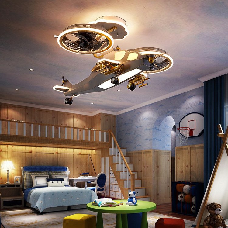 Children's Room Helicopter Ceiling Lights LED Three-color Remote Dimming Bedroom Early Education Center Ceiling Lights