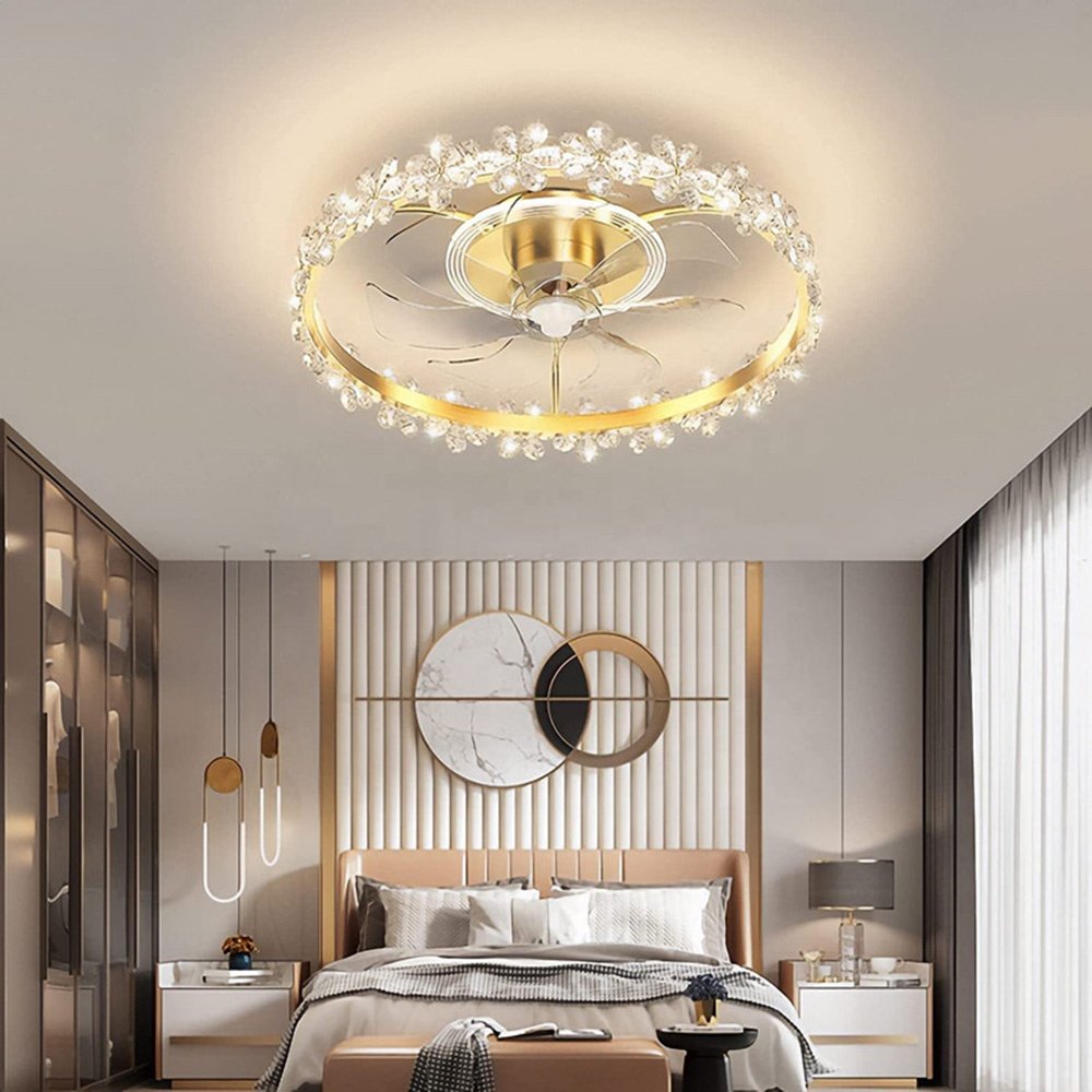 LED New Luxury Crystal Fan Chandelier Bedroom Dining Ceiling Light With Fan Simple Household Decorative Crystal Modern Fan Light