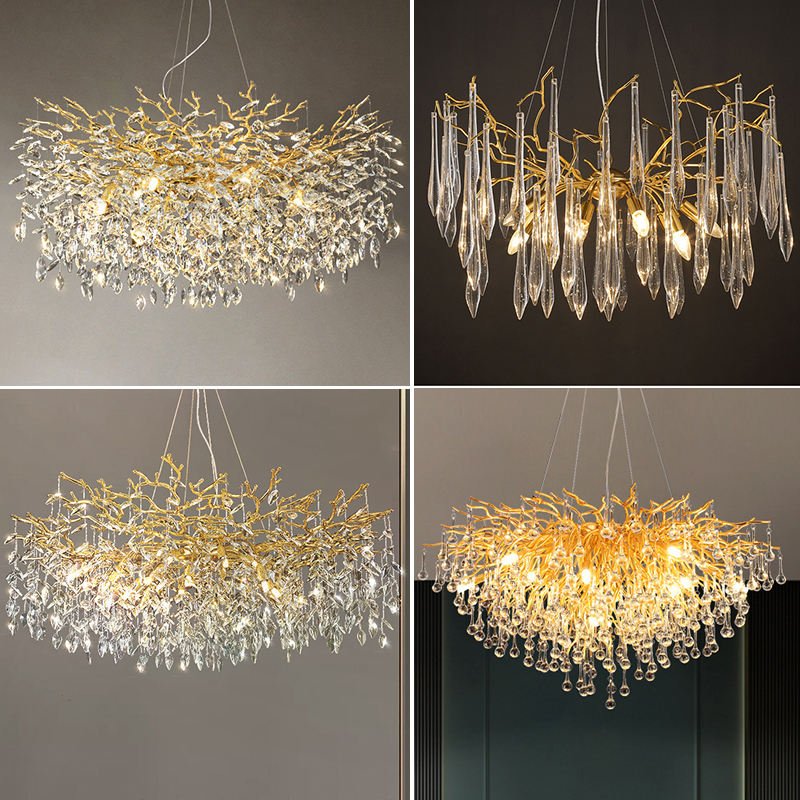 Large Branch Nordic Vintage Led Brass Gold Dining Living Room Hotel Luxury Ceiling Pendant Light Modern Crystal Chandeliers