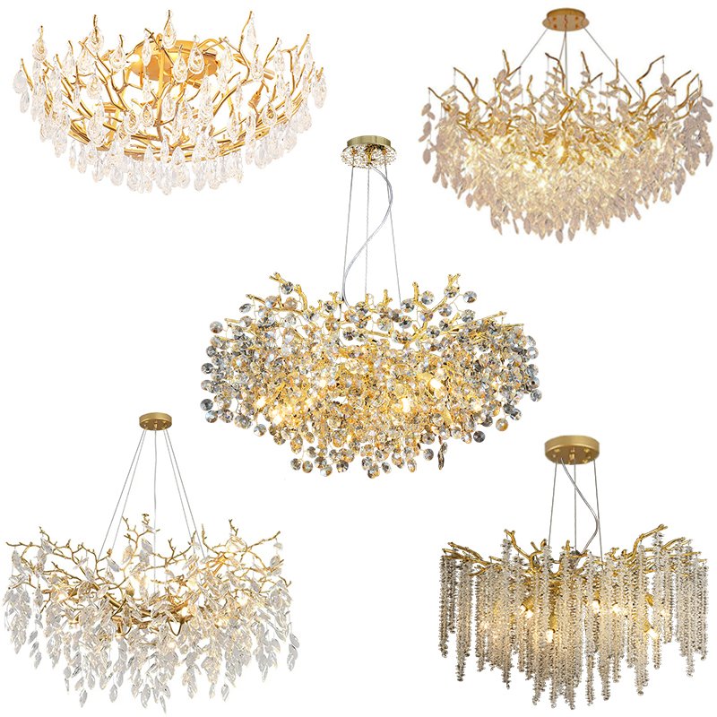 Large Branch Nordic Vintage Led Brass Gold Dining Living Room Hotel Luxury Ceiling Pendant Light Modern Crystal Chandeliers