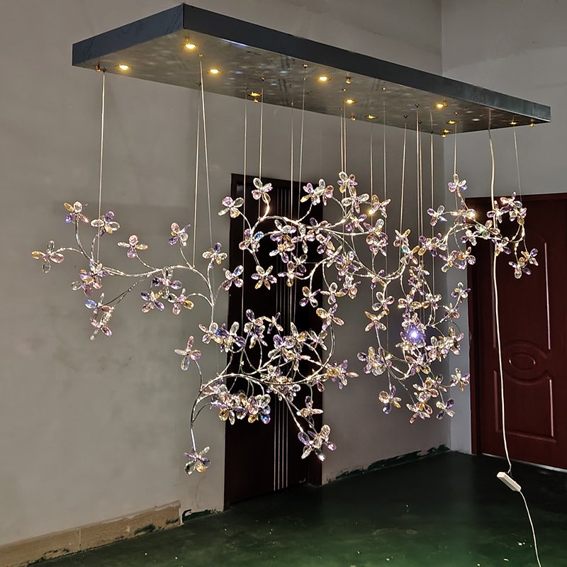 Custom Lily Flower Branch Chandelier Luxury Ceiling Light Fixture for Foyer Entryway Flush Mount Gold Drop Crystal Chandelier