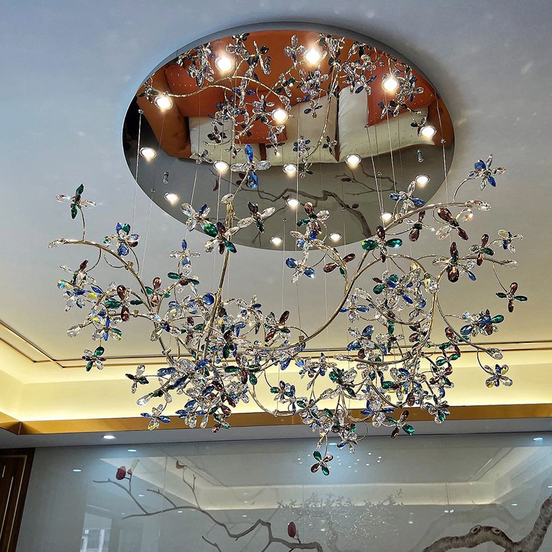 Custom Lily Flower Branch Chandelier Luxury Ceiling Light Fixture for Foyer Entryway Flush Mount Gold Drop Crystal Chandelier