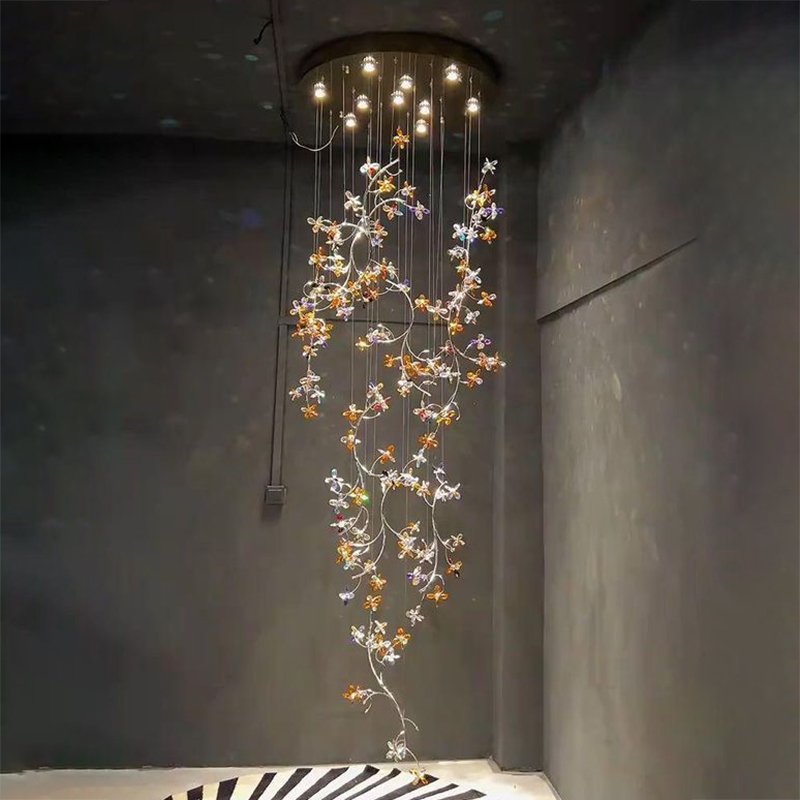 Custom Lily Flower Branch Chandelier Luxury Ceiling Light Fixture for Foyer Entryway Flush Mount Gold Drop Crystal Chandelier