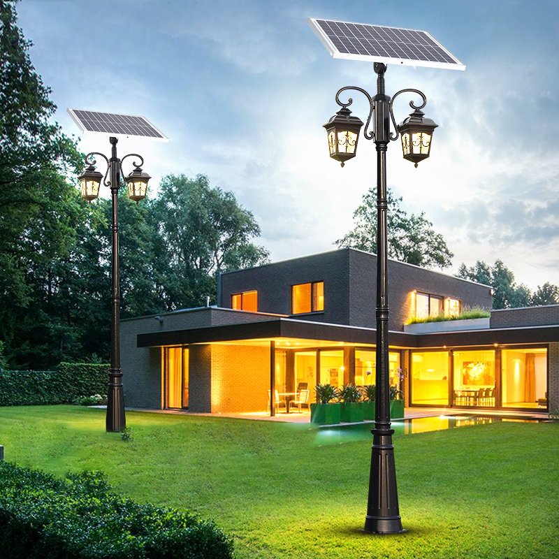 Outside European Street Lamp with Large Solar Panel Design Black Bronze Pole LED Garden Light Outdoor Retro Lawn Post Lights