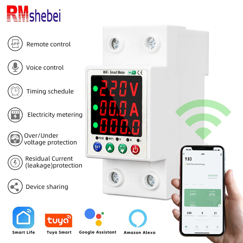 RMshebei WiFi Smart Circuit Breaker 63A Over Under Voltage Current Temperature Leakage Protection Control Via App Set Parameters