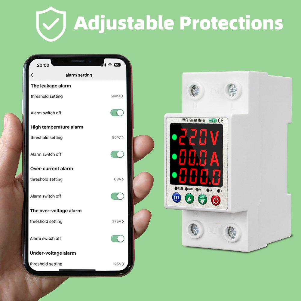 RMshebei WiFi Smart Circuit Breaker 63A Over Under Voltage Current Temperature Leakage Protection Control Via App Set Parameters