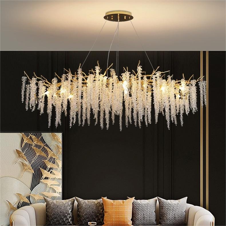 PM Aluminum Branch Shaped Tassels Crystal Chandelier French Modern Dining Table Light Living Room Villa Art Pendent Lamp