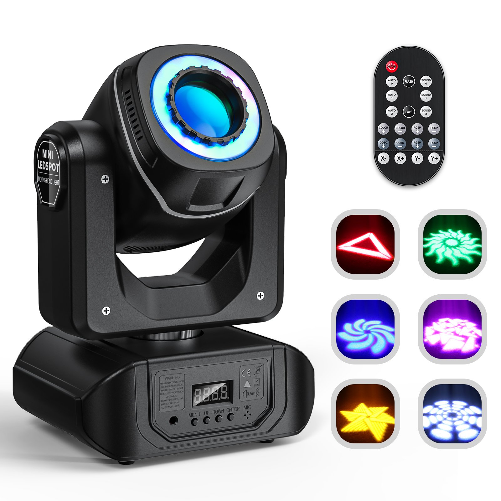 LED Moving Head Light 8 Gobos 8 Colors Spotlight by DMX 512 Sound Activated with Remote Control Stage Lights