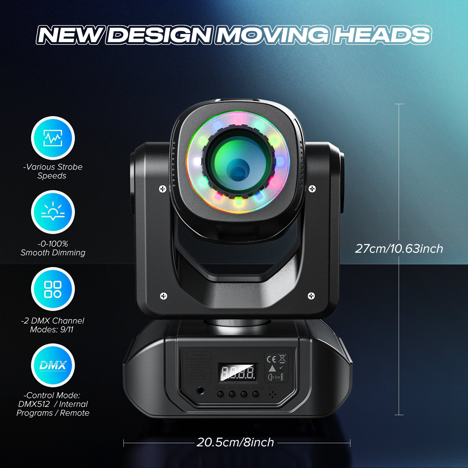 LED Moving Head Light 8 Gobos 8 Colors Spotlight by DMX 512 Sound Activated with Remote Control Stage Lights