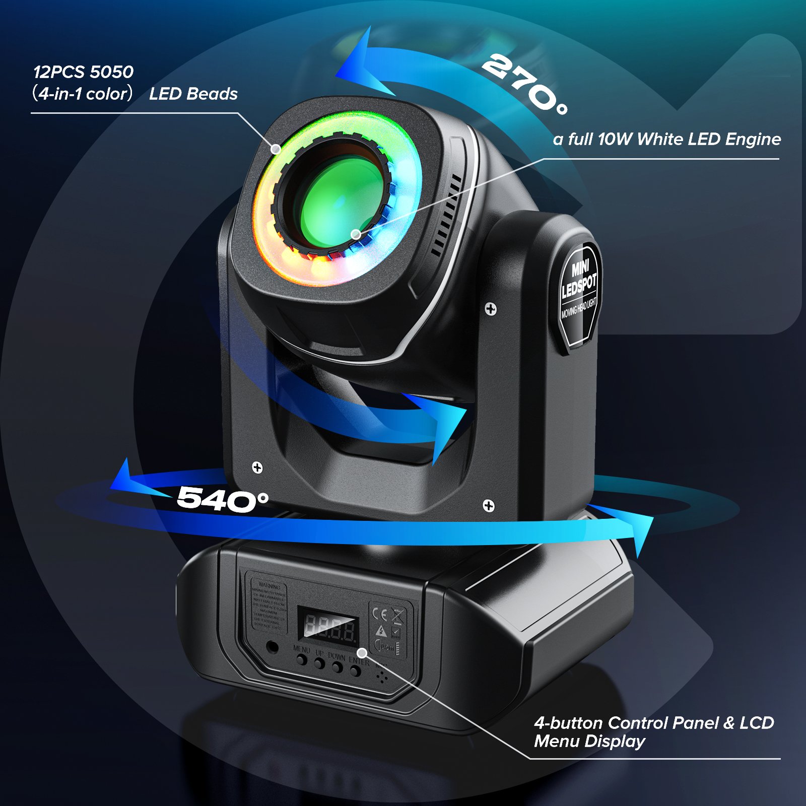LED Moving Head Light 8 Gobos 8 Colors Spotlight by DMX 512 Sound Activated with Remote Control Stage Lights
