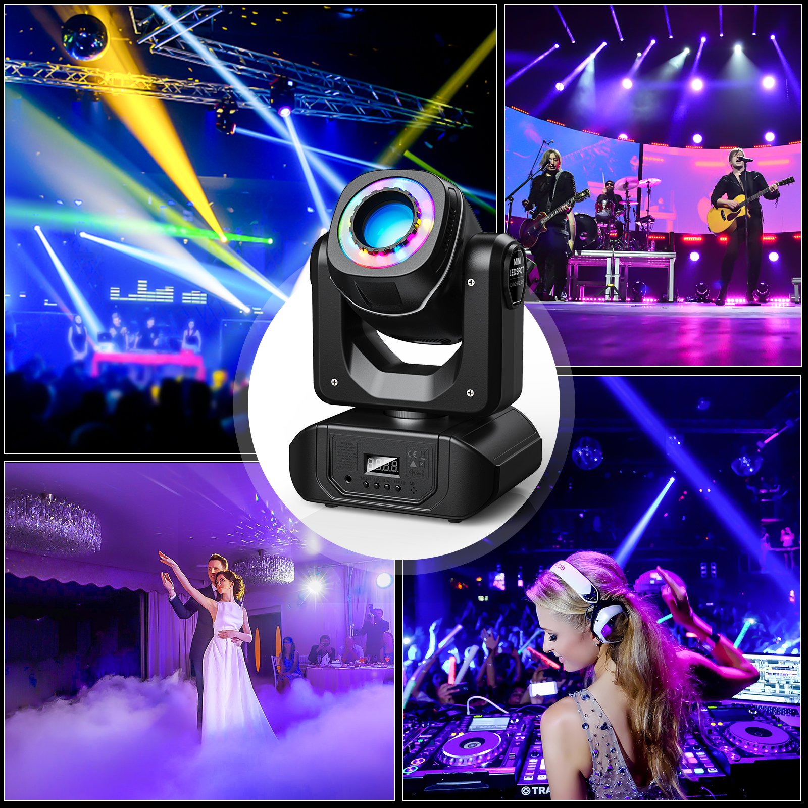 LED Moving Head Light 8 Gobos 8 Colors Spotlight by DMX 512 Sound Activated with Remote Control Stage Lights
