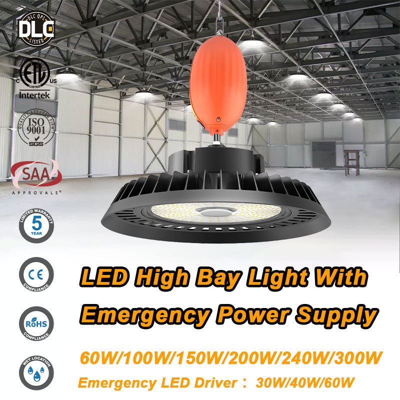 US STOCK Warehouse Indoor Stadium 170lm/w 200w 50000hrs 5000K 3cct Switchable LED UFO High Bay Lighting with With Emergency