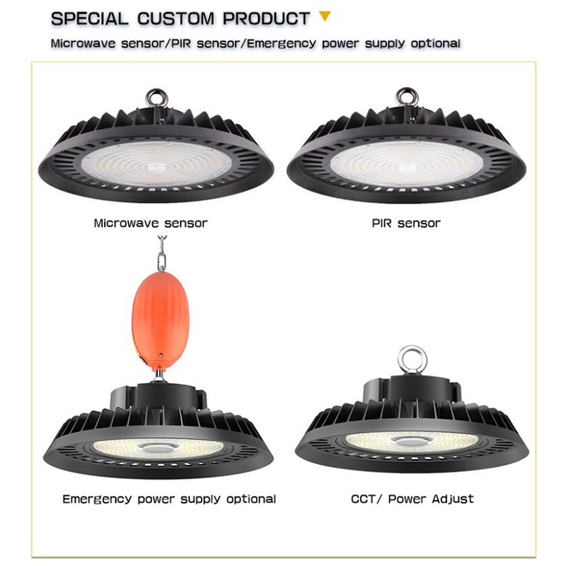 US STOCK Warehouse Indoor Stadium 170lm/w 200w 50000hrs 5000K 3cct Switchable LED UFO High Bay Lighting with With Emergency