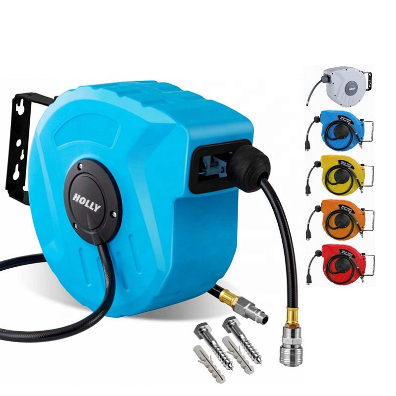 50ft Auto Rewind Retractable Reel with 3/8" X 50' Air Hose 1/4 " 3/8 " Fitting Air Compressor Pipe Rack Drum 15M Air Hose Reel