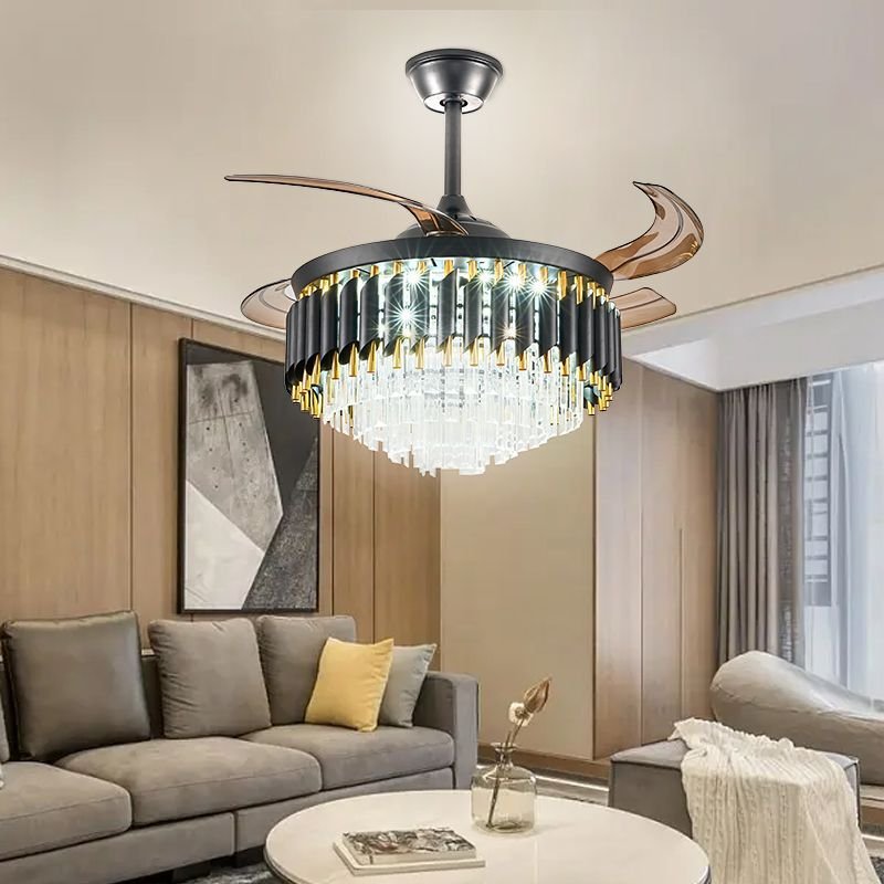 Modern Designer Decorative Retractable Chandelier Vintage Bedroom Copper Crystal Ceiling Light Remote Control Led Ceiling Fans