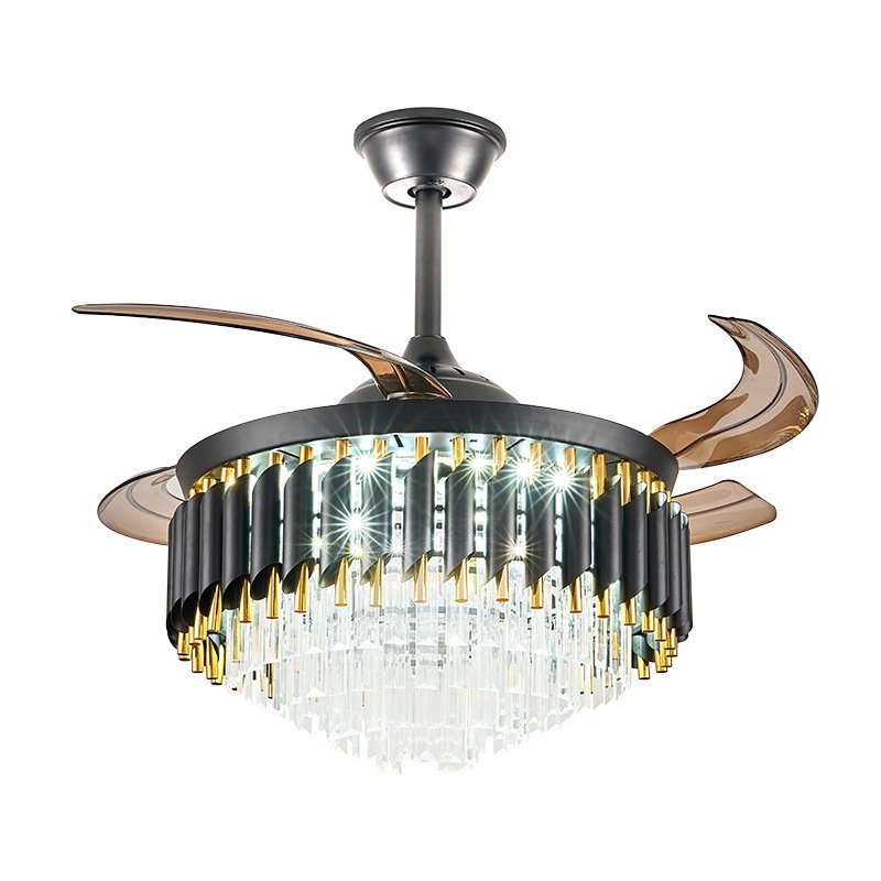 Modern Designer Decorative Retractable Chandelier Vintage Bedroom Copper Crystal Ceiling Light Remote Control Led Ceiling Fans