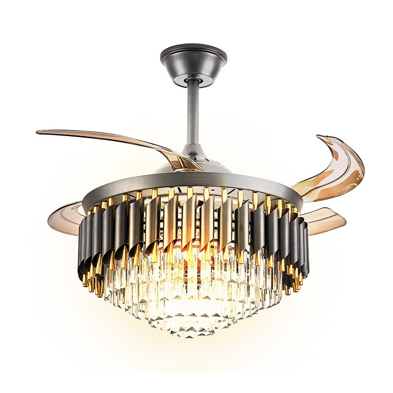 Modern Designer Decorative Retractable Chandelier Vintage Bedroom Copper Crystal Ceiling Light Remote Control Led Ceiling Fans