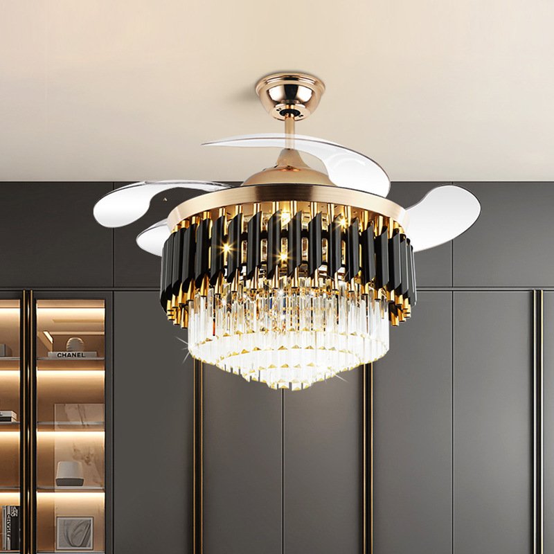 Modern Designer Decorative Retractable Chandelier Vintage Bedroom Copper Crystal Ceiling Light Remote Control Led Ceiling Fans