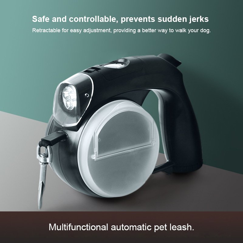 Hot Sale 5 in 1 Multifunctional Double Dog Leash Waterproof Automatic Led Retractable Heavy Duty Walking Dog Leash Poop Bag OEM