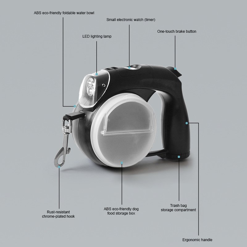 Hot Sale 5 in 1 Multifunctional Double Dog Leash Waterproof Automatic Led Retractable Heavy Duty Walking Dog Leash Poop Bag OEM