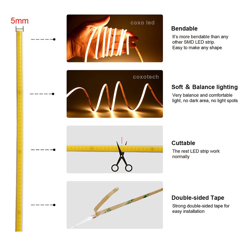 COXO Mini Cut Cob Led Strip Light Ce Rohs ul Ra90 5mm 4mm 3mm ultra Thin Mini Cob Led Strip