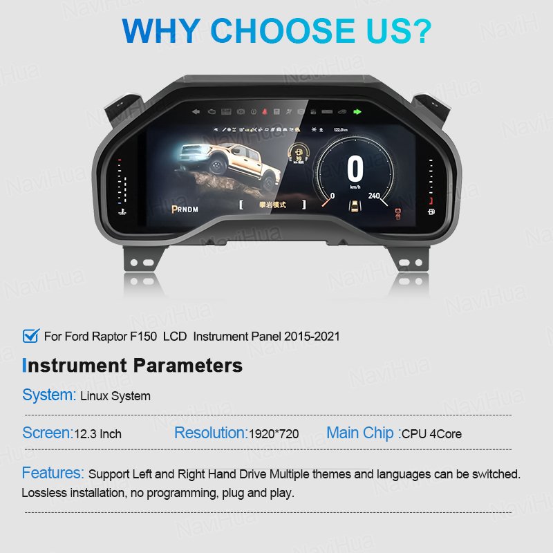 Navihua LCD Instrument Virtual Cockpit for Ford F150 2015-2020 LCD Dashboard Speedometer Linux System Auto Meter Linux System