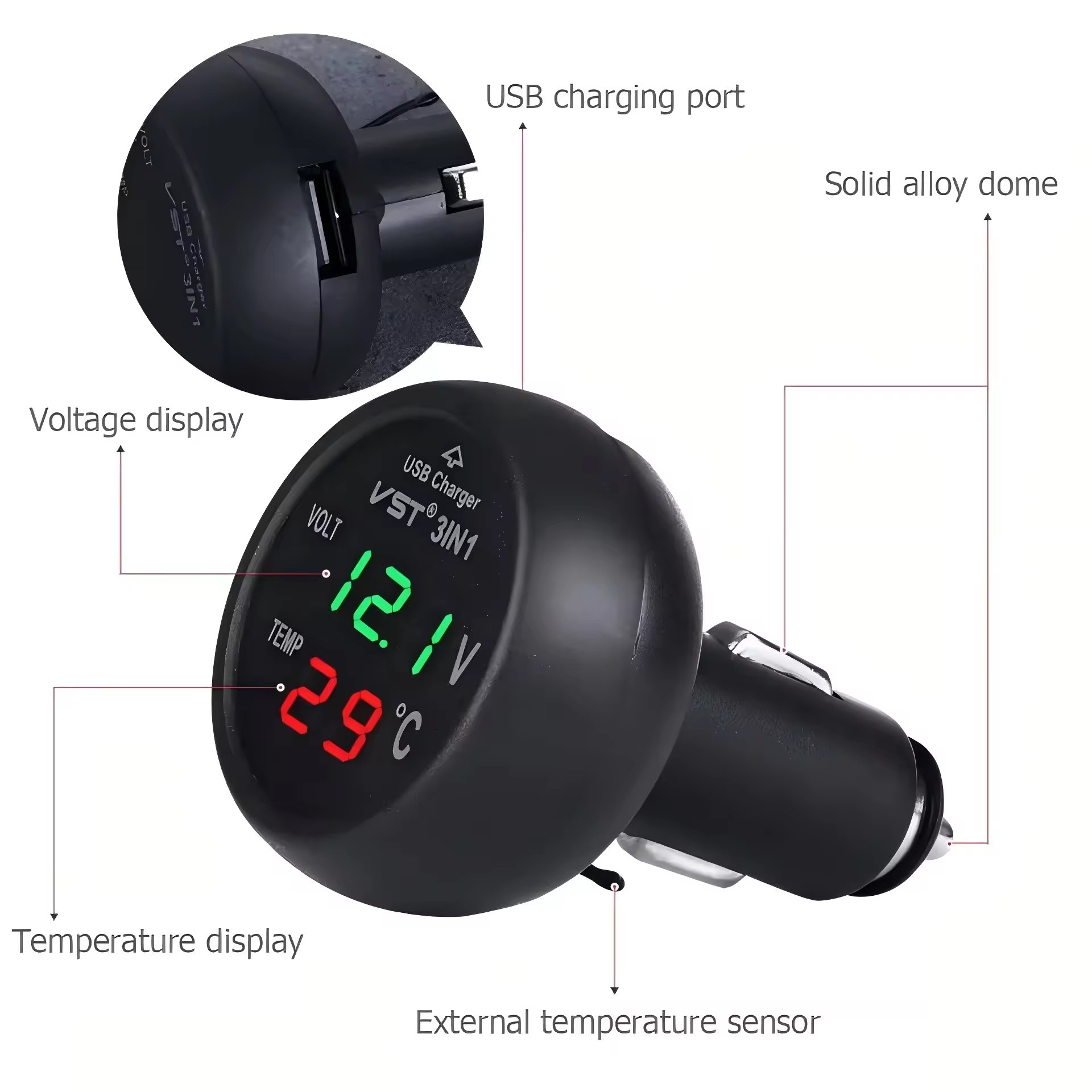 Universal 3 in 1 Triple Function 12V 24V Car Volt Meter Auto LED Digital Voltmeter Gauge USB Charger