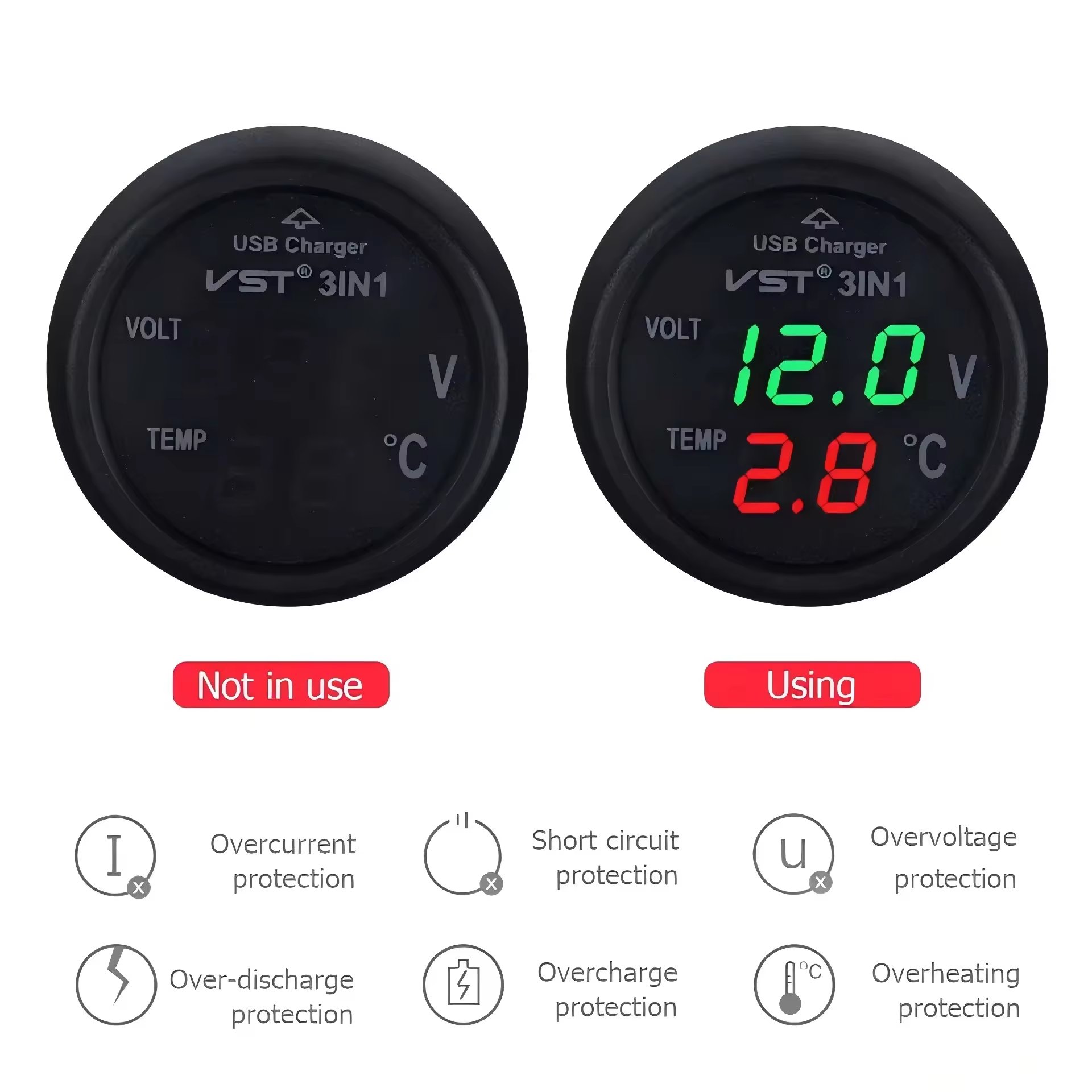 Universal 3 in 1 Triple Function 12V 24V Car Volt Meter Auto LED Digital Voltmeter Gauge USB Charger